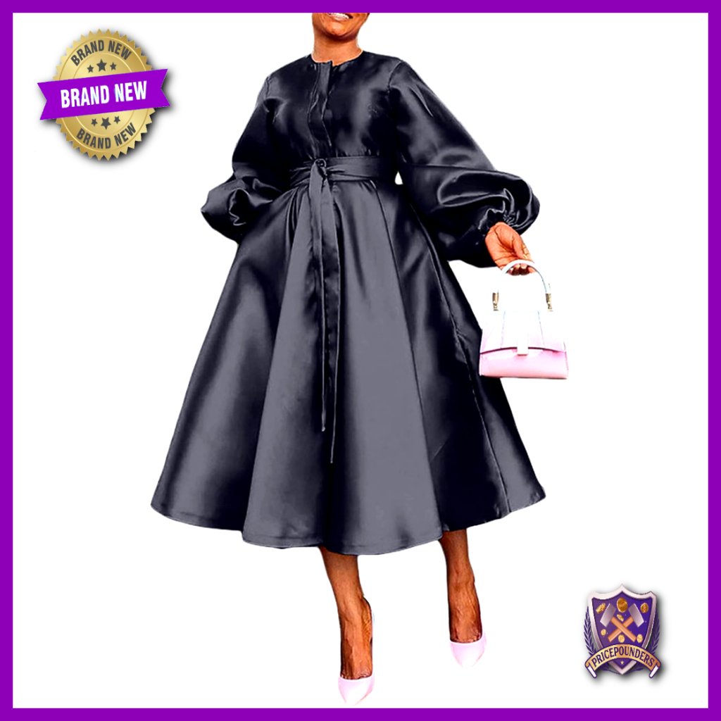 Satin Maxi Dress Long Sleeve A-Line Loose Fit With Pockets
